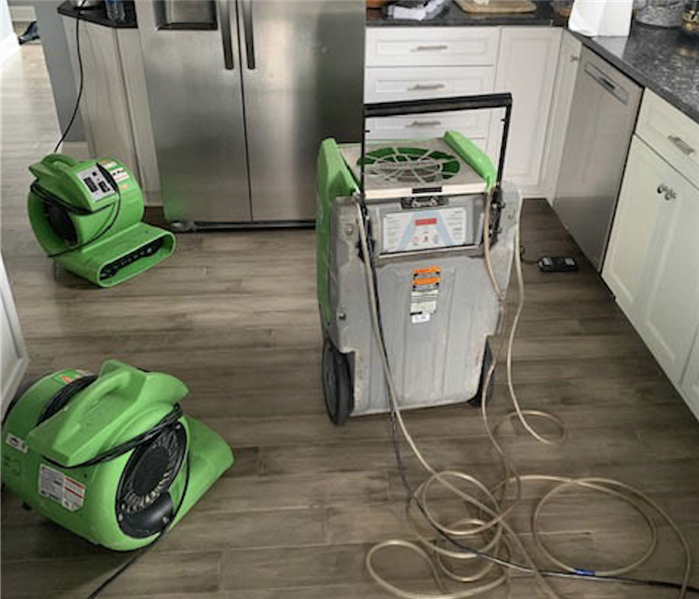 Kitchen with grey wood floors and green air movers. 